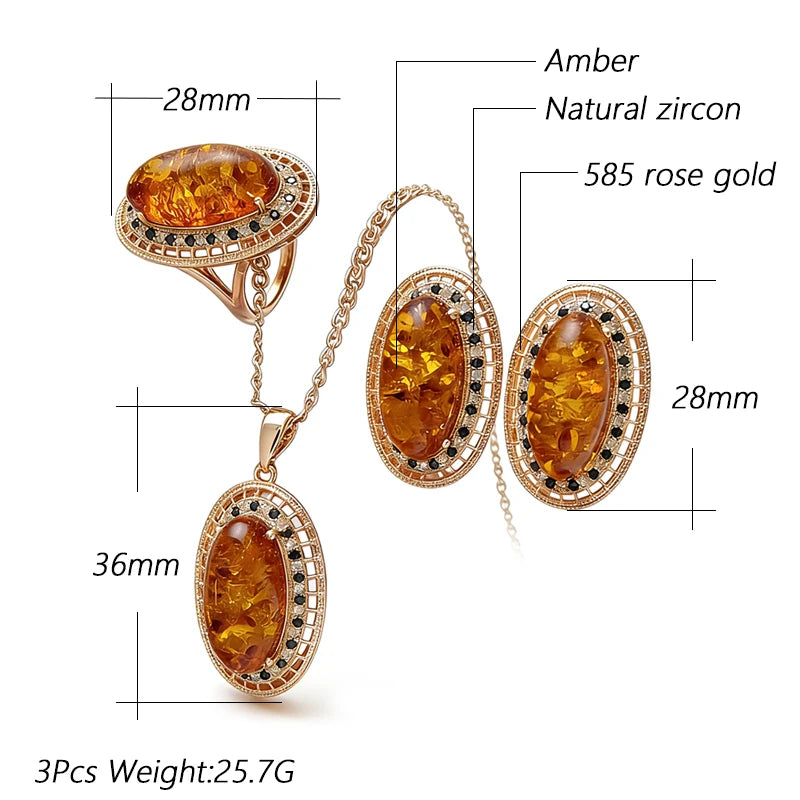 Schmuckset Ovaler Bernstein Ring Ohrringe Halskette Frauen 585 Roségold Zirkon Vintage