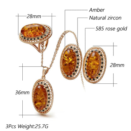Schmuckset Ovaler Bernstein Ring Ohrringe Halskette Frauen 585 Roségold Zirkon Vintage