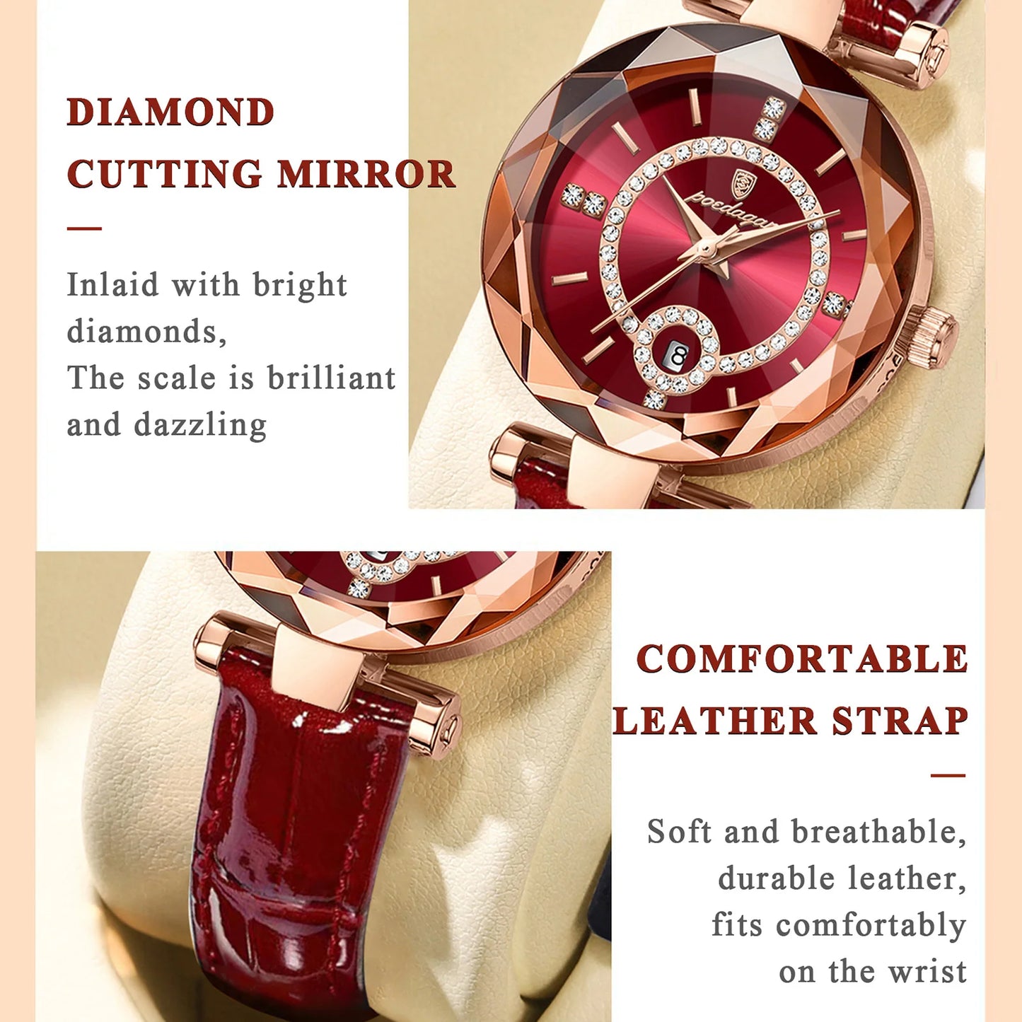 Luxus Damen Uhr - Wasserdichtes Quarz-Lederkleid mit Datum & Reloj Box