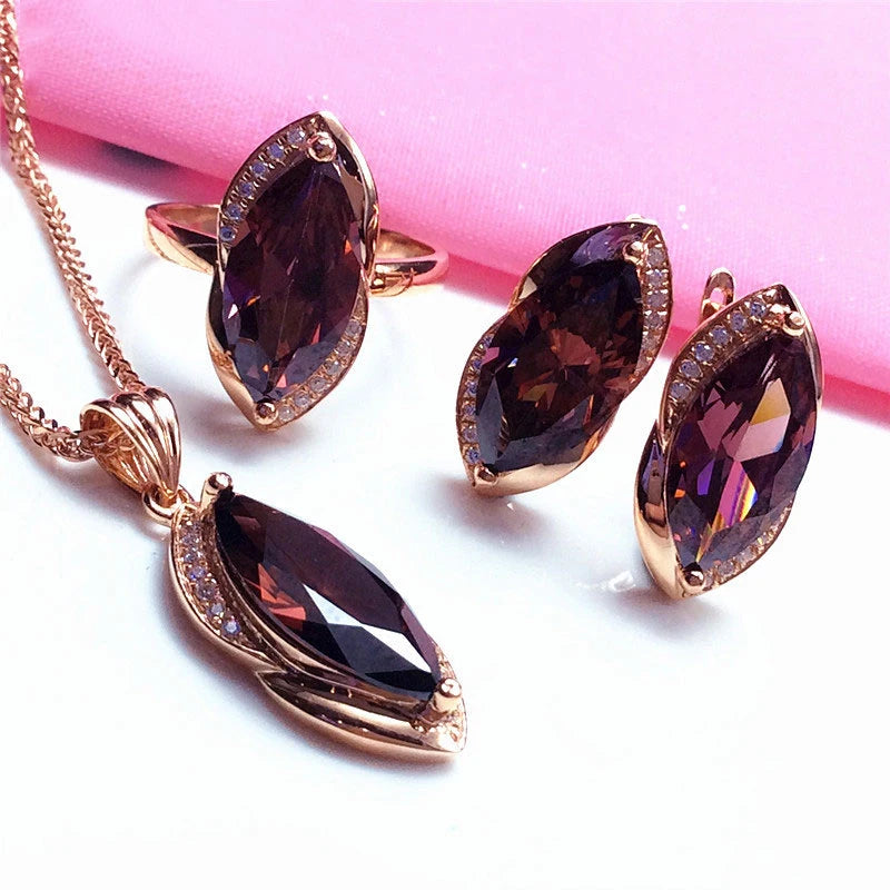 585 Lila Vergoldetes 14K Roségold Marquise Rubin Damen Schmuckset Luxus Hochzeit