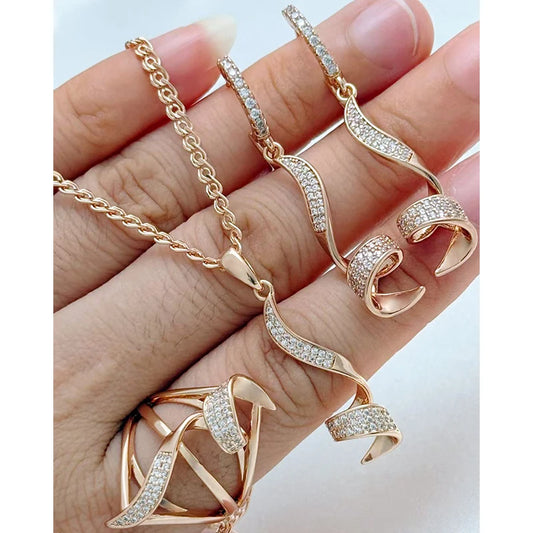 Schmuckset 585 Roségold Geometrie Ring Ohrringe Halskette Frauen Natürlicher Zirkon Vintage