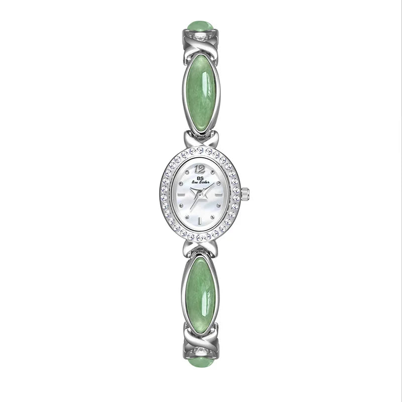 Jadearmband Damen Uhr Quarz Diamant Zifferblatt Oval Elegant