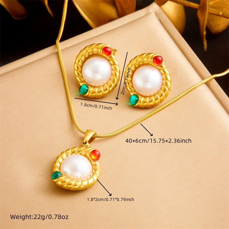 316L Edelstahl Vintage Runde Twist Einlage Weiße Perle Schmuckset Damen Neu Trend
