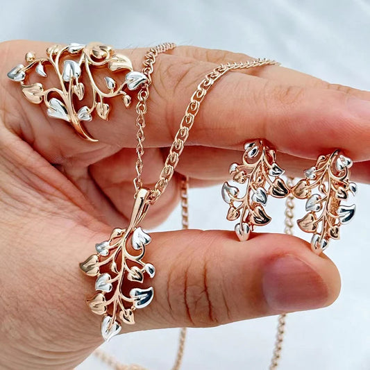 Schmuckset Ethnische Braut Blatt Ring Ohrringe Halskette Damen 585 Roségold Silber Edel