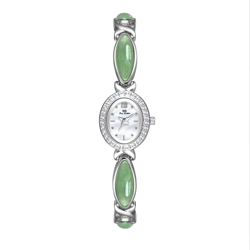 Jadearmband Damen Uhr Quarz Diamant Zifferblatt Oval Elegant
