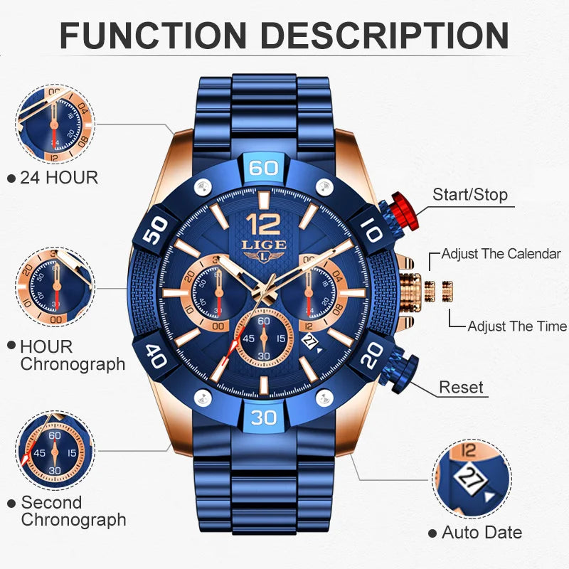 Chronograph Herrenarmbanduhr aus Edelstahl mit großem Zifferblatt und Leuchteffekt