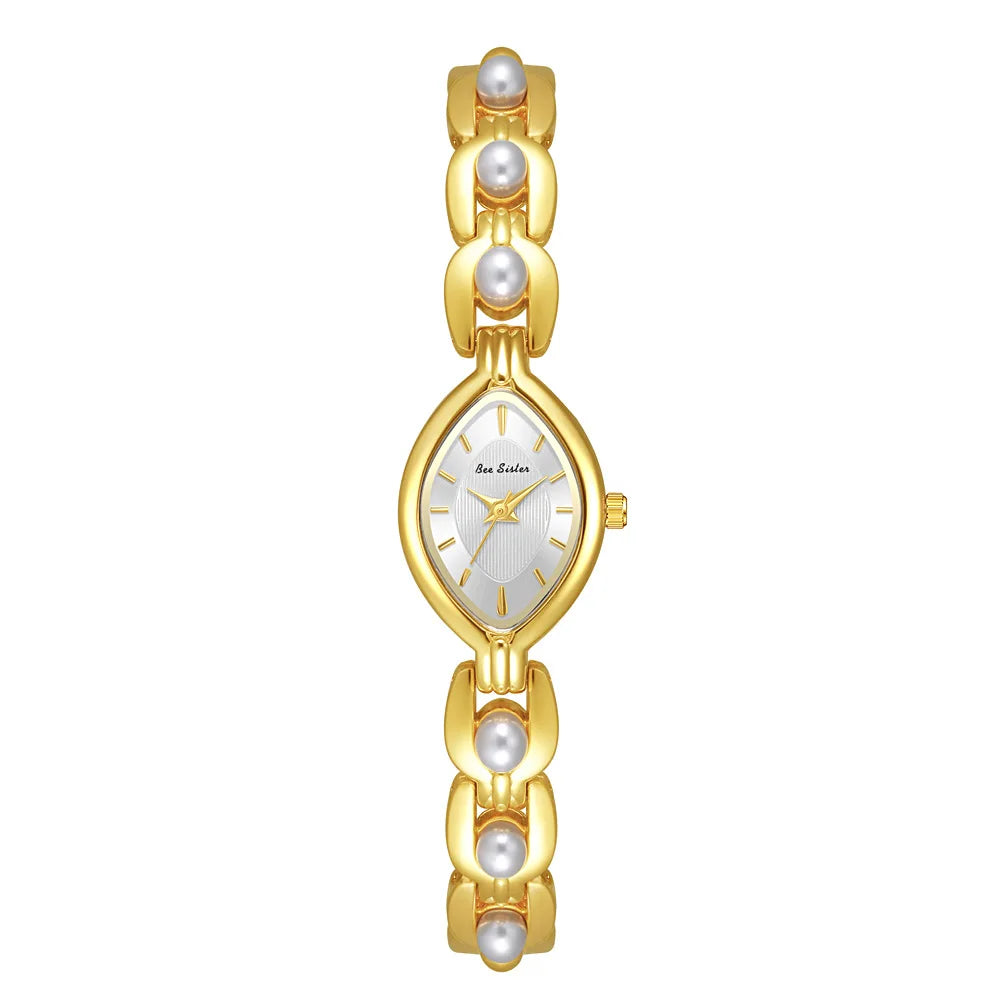 Luxus Damen Uhr Armband Schmuck Mit Perlen Quarz Gold