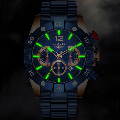 Chronograph Herrenarmbanduhr aus Edelstahl mit großem Zifferblatt und Leuchteffekt