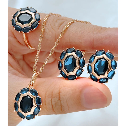 Blaues Zirkonia Schmuckset Ring Ohrringe Halskette Rose Gold