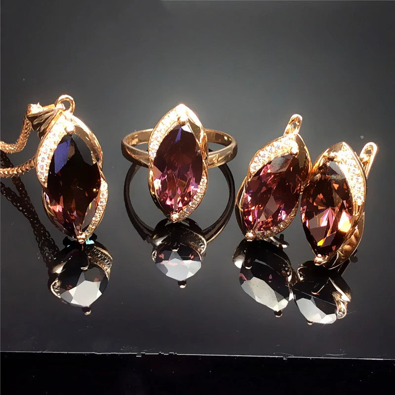 585 Lila Vergoldetes 14K Roségold Marquise Rubin Damen Schmuckset Luxus Hochzeit