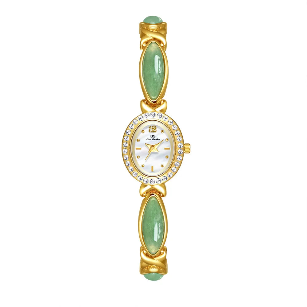 Jadearmband Damen Uhr Quarz Diamant Zifferblatt Oval Elegant