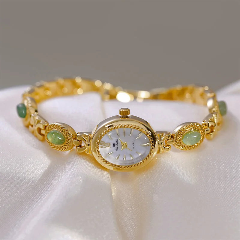 Jade Stein Damen Armbanduhren Oval Quarz Schmuck Geschenk
