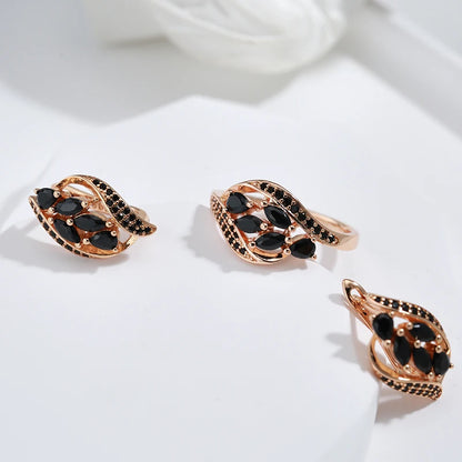 585er Rosé Goldener Damenring mit Wassertropfen und schwarzem Zirkon, Eleganz Pur