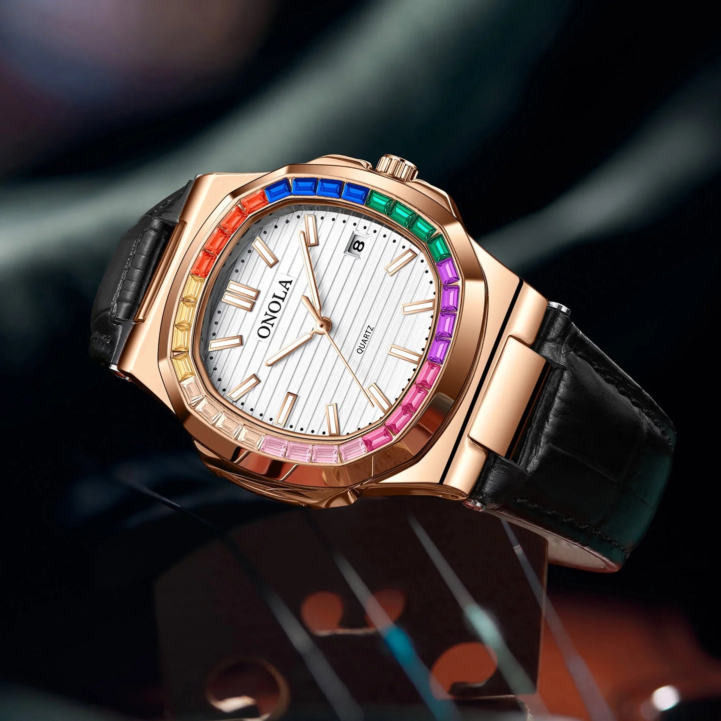 Echtleder Quarzuhr für Herren und Damen - Bunte Diamant-Uhr von Onola