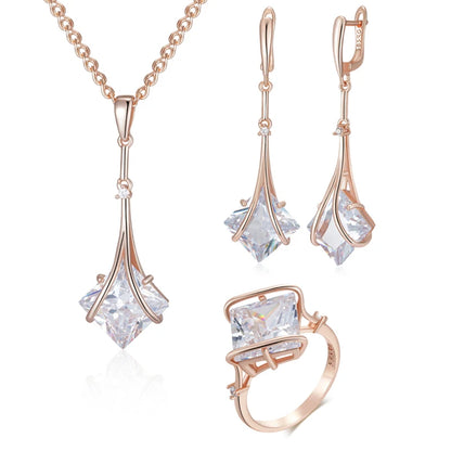 Weißes Zirkon Schmuckset Für Damen Rosegold Ring Ohrringe
