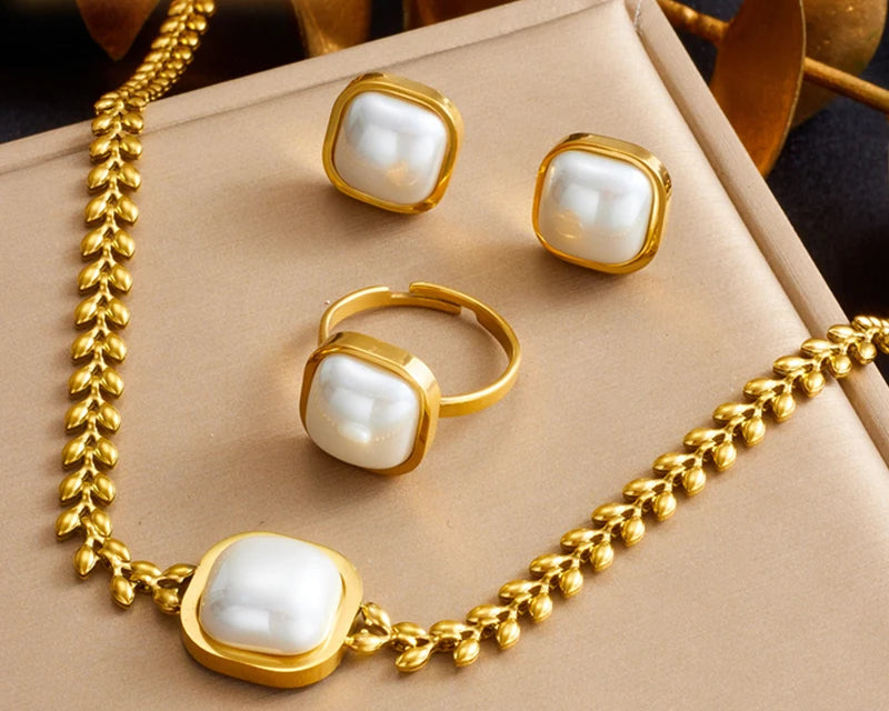 316L Edelstahl Quadrat Große Perle Halskette, Ohrringe, Ring Set für Eleganz
