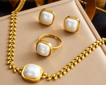 316L Edelstahl Quadrat Große Perle Halskette, Ohrringe, Ring Set für Eleganz