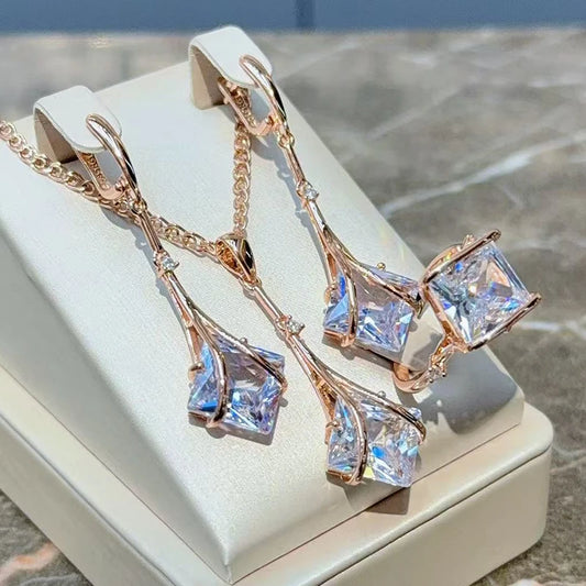 Weißes Zirkon Schmuckset Für Damen Rosegold Ring Ohrringe