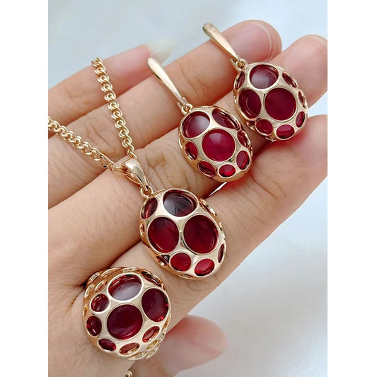 Rotes Zirkon Schmuckset Damen Roségold 585 Ring Ohrringe