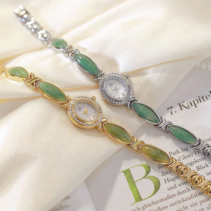Jadearmband Damen Uhr Quarz Diamant Zifferblatt Oval Elegant