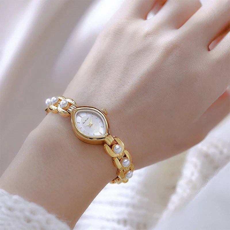 Luxus Damen Uhr Armband Schmuck Mit Perlen Quarz Gold