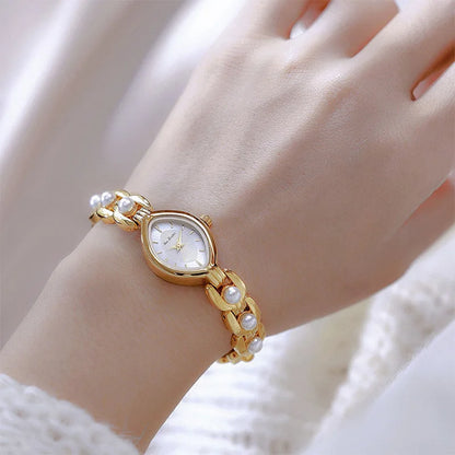 Luxus Damen Uhr Armband Schmuck Mit Perlen Quarz Gold