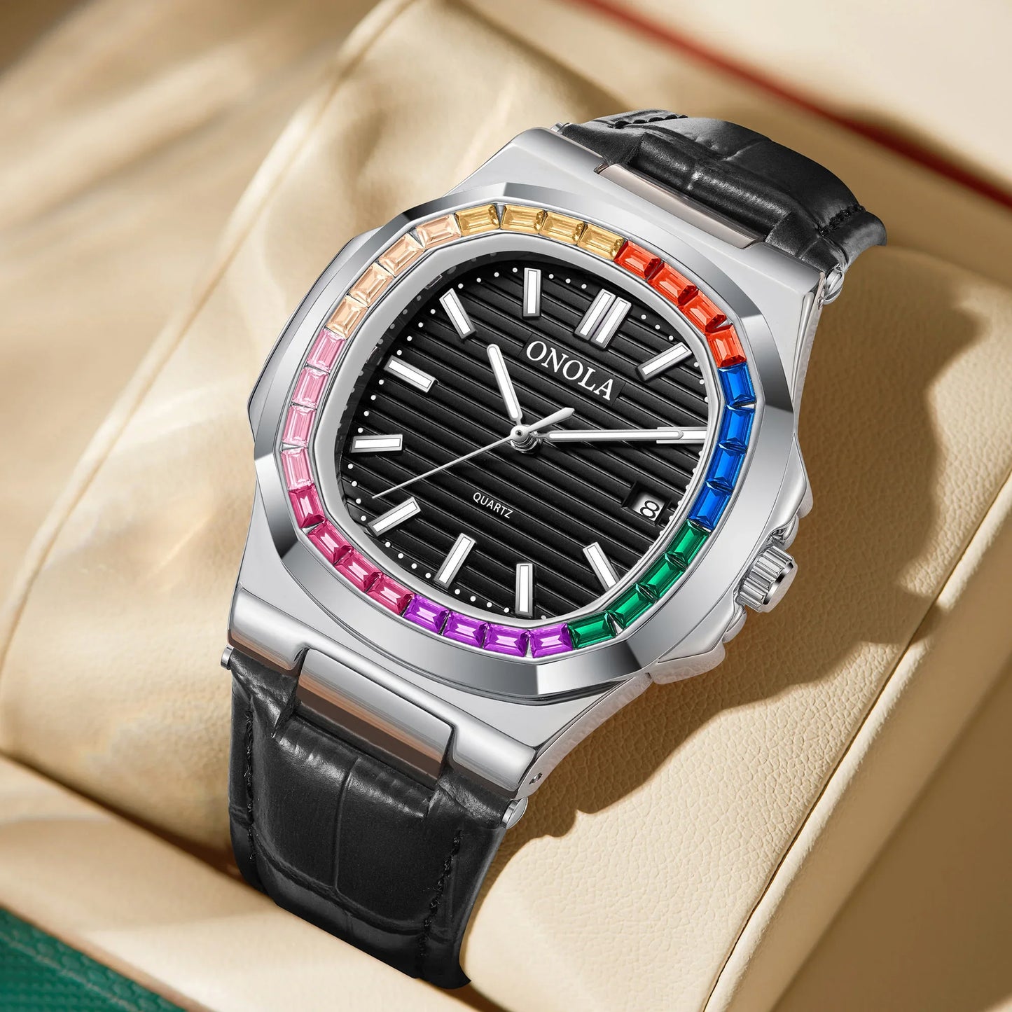Echtleder Quarzuhr für Herren und Damen - Bunte Diamant-Uhr von Onola