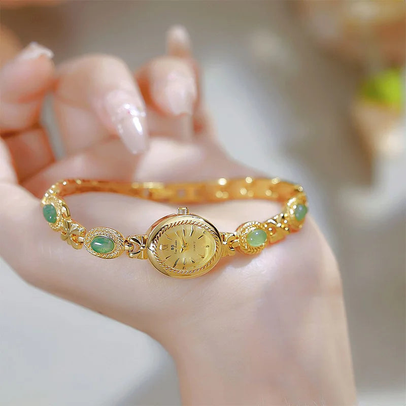 Jade Stein Damen Armbanduhren Oval Quarz Schmuck Geschenk