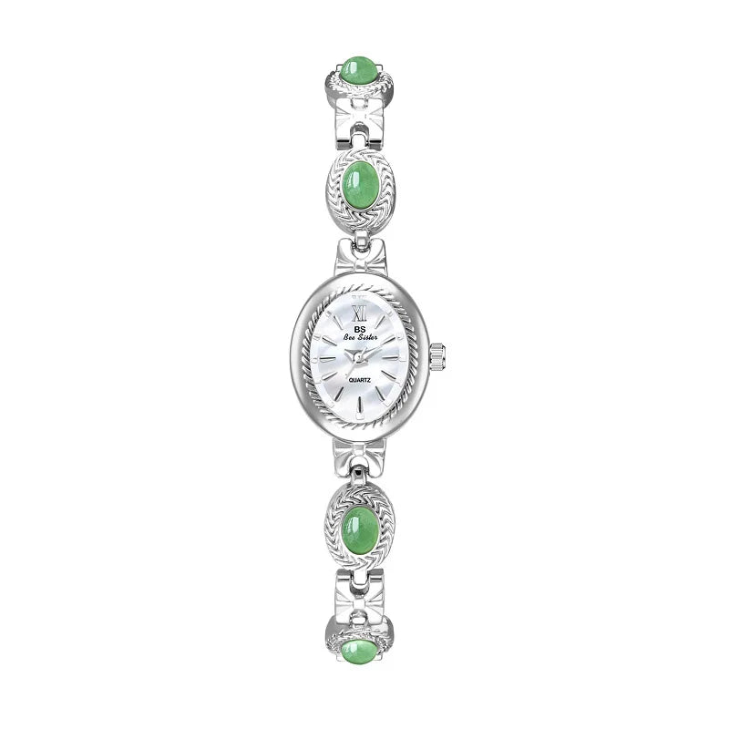 Jade Stein Damen Armbanduhren Oval Quarz Schmuck Geschenk