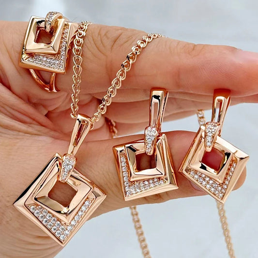 Rose Gold Schmuckset Hochzeit Zirkon Quadrat Ring Ohrringe
