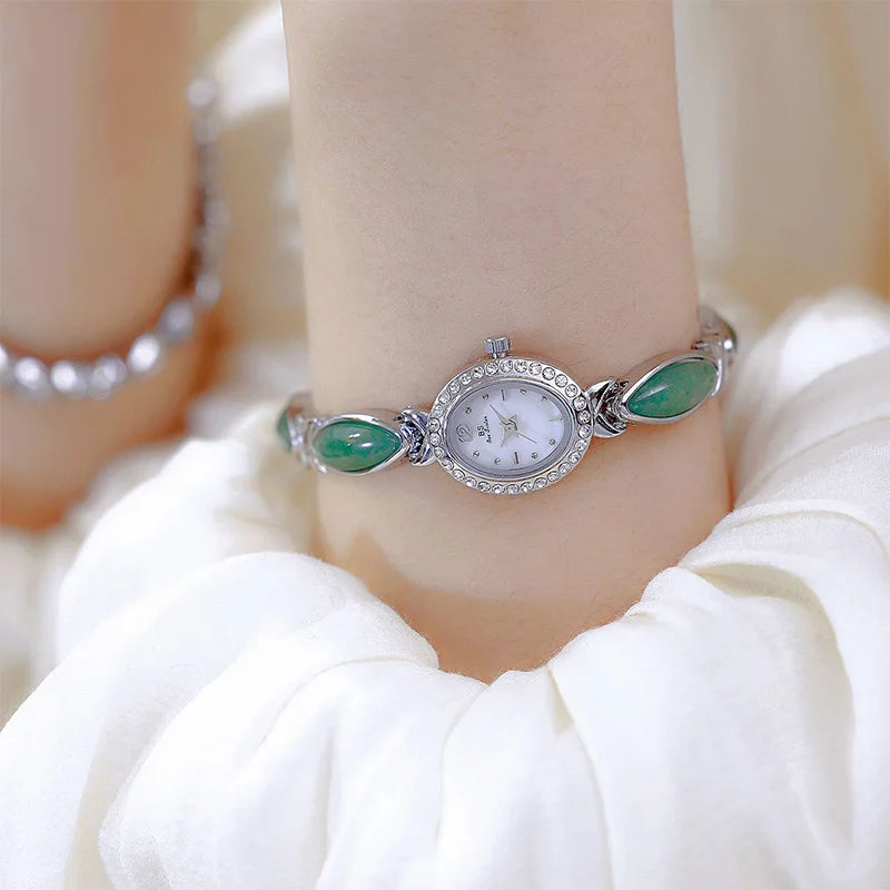 Jadearmband Damen Uhr Quarz Diamant Zifferblatt Oval Elegant