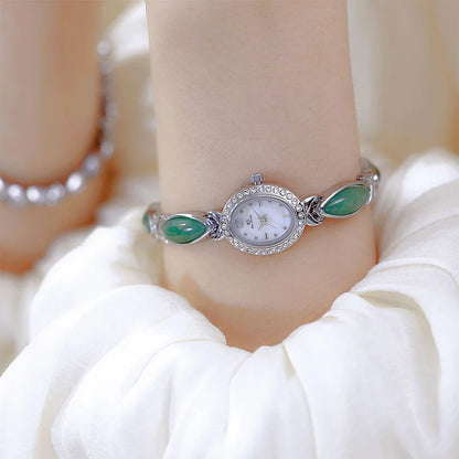 Jadearmband Damen Uhr Quarz Diamant Zifferblatt Oval Elegant