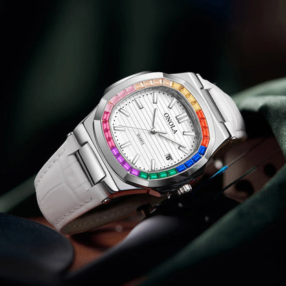 Echtleder Quarzuhr für Herren und Damen - Bunte Diamant-Uhr von Onola
