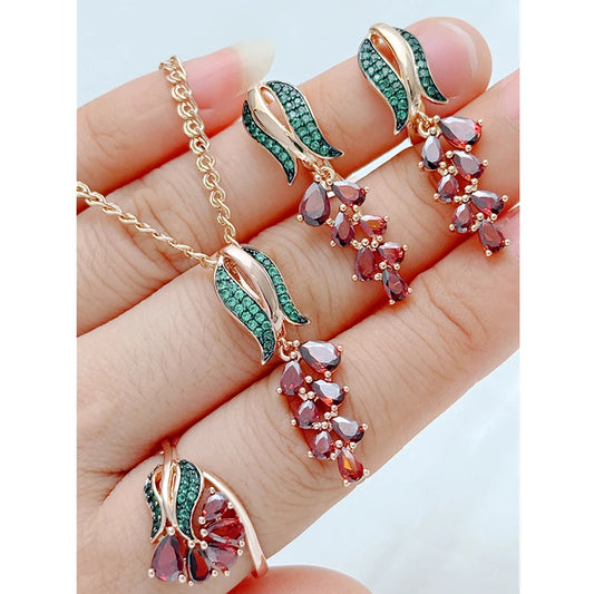 Ethnisches Vintage Schmuckset 3er Rose Gold Grün Rot Zirkon