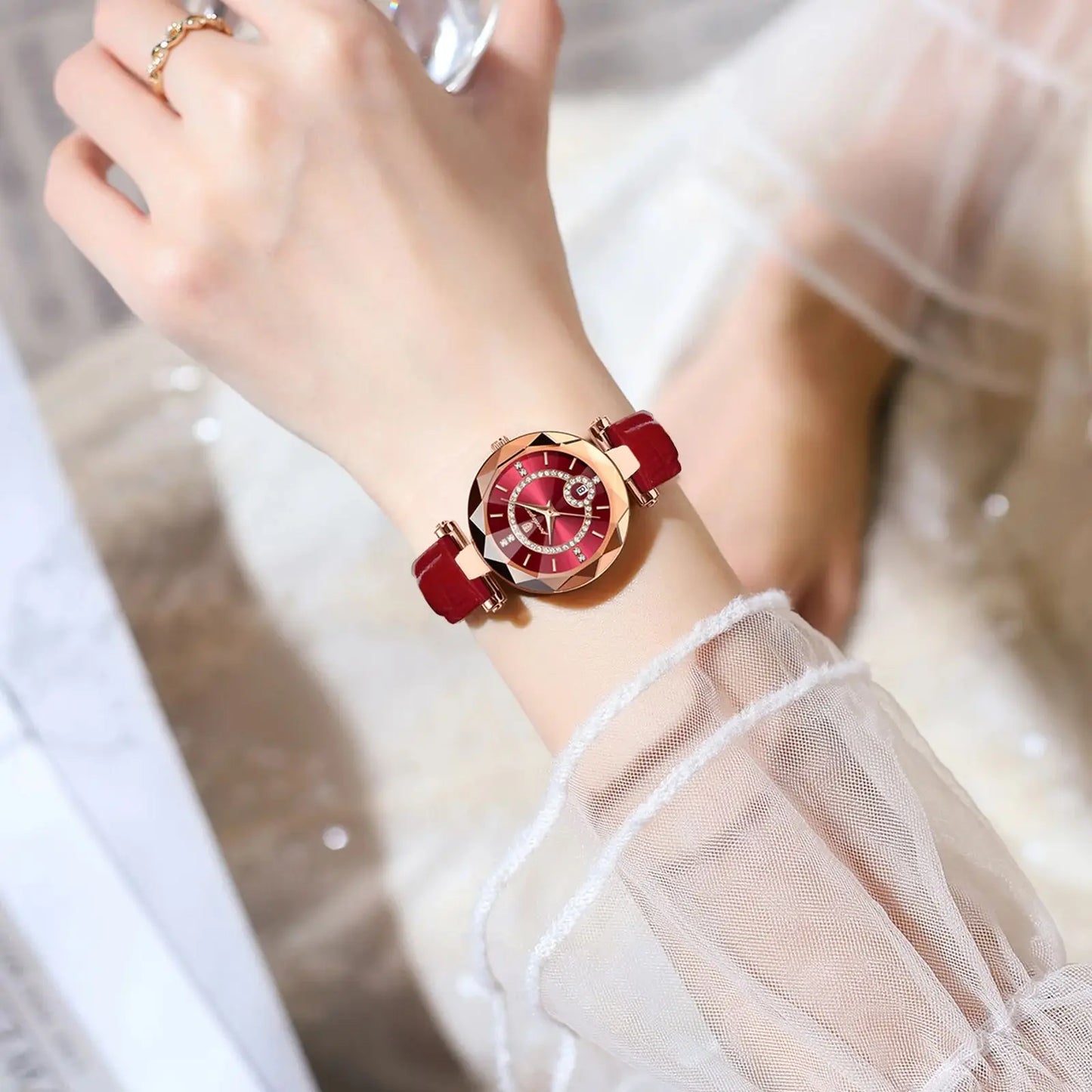 Luxus Damen Uhr - Wasserdichtes Quarz-Lederkleid mit Datum & Reloj Box