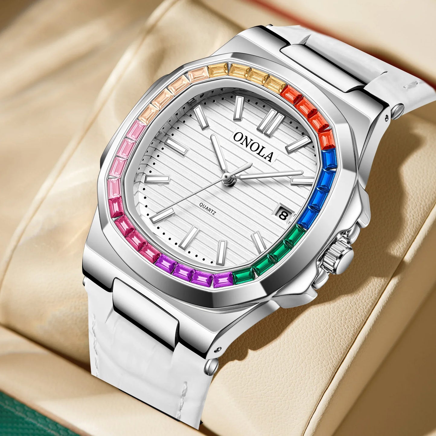 Echtleder Quarzuhr für Herren und Damen - Bunte Diamant-Uhr von Onola