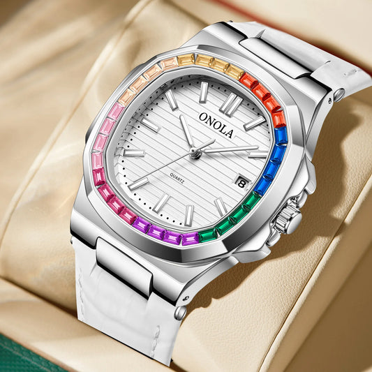 Echtleder Quarzuhr für Herren und Damen - Bunte Diamant-Uhr von Onola