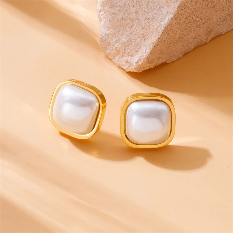316L Edelstahl Quadrat Große Perle Halskette, Ohrringe, Ring Set für Eleganz
