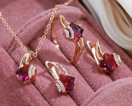 Vintage Granat Rot Natürlicher Zirkon Schmuck Sets in Eleganter Rose Gold Farbe