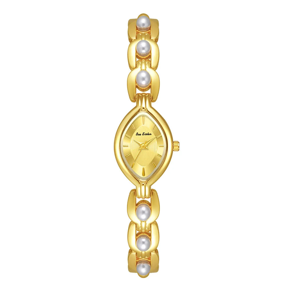 Luxus Damen Uhr Armband Schmuck Mit Perlen Quarz Gold
