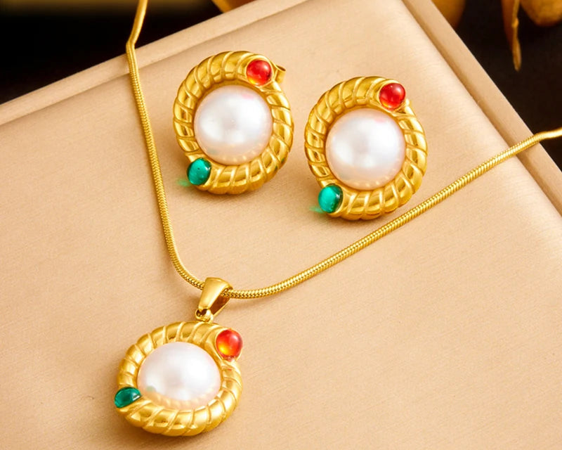 316L Edelstahl Vintage Runde Twist Einlage Weiße Perle Schmuckset Damen Neu Trend