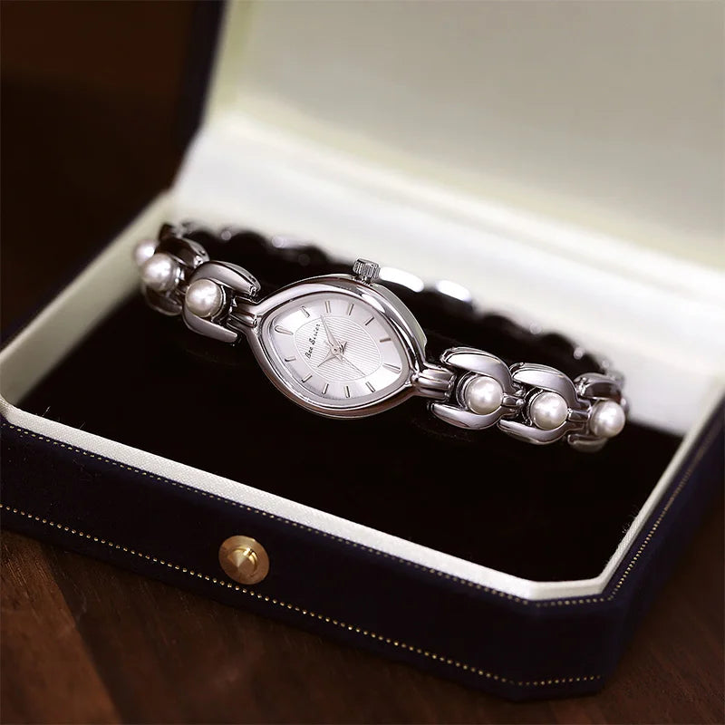 Luxus Damen Uhr Armband Schmuck Mit Perlen Quarz Gold