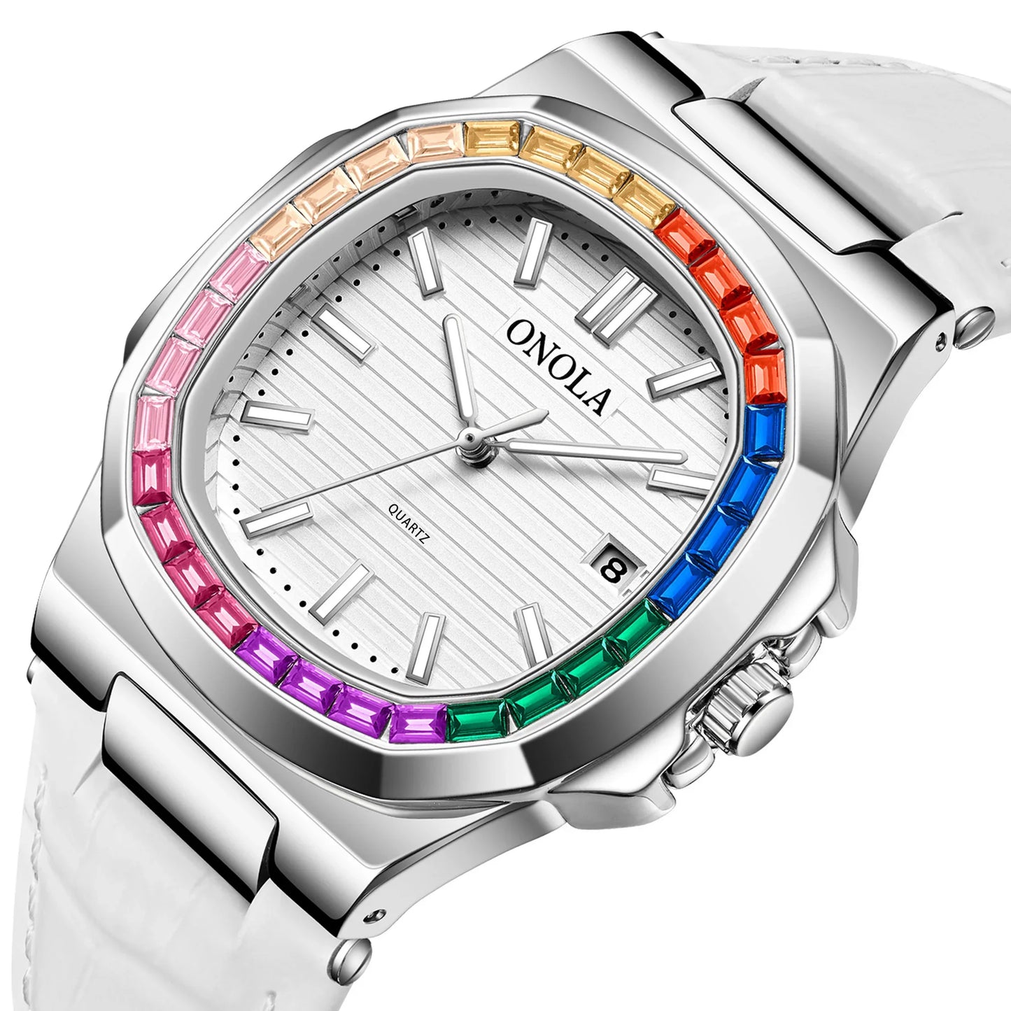 Echtleder Quarzuhr für Herren und Damen - Bunte Diamant-Uhr von Onola