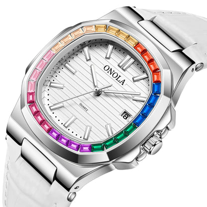 Echtleder Quarzuhr für Herren und Damen - Bunte Diamant-Uhr von Onola