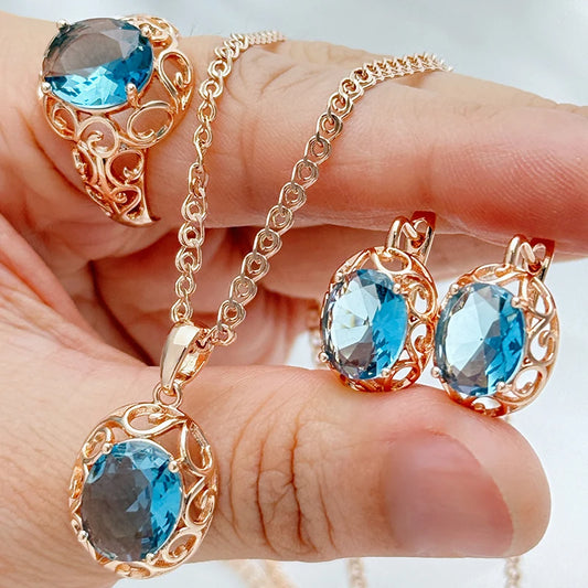 Blaues Kubik Zirkon Schmuck Set Für Damen Rosa Gold