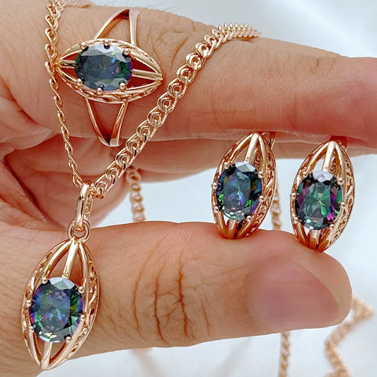 Rosegold Schmuckset 3tlg Zirkon Ohrringe Ring Halskette