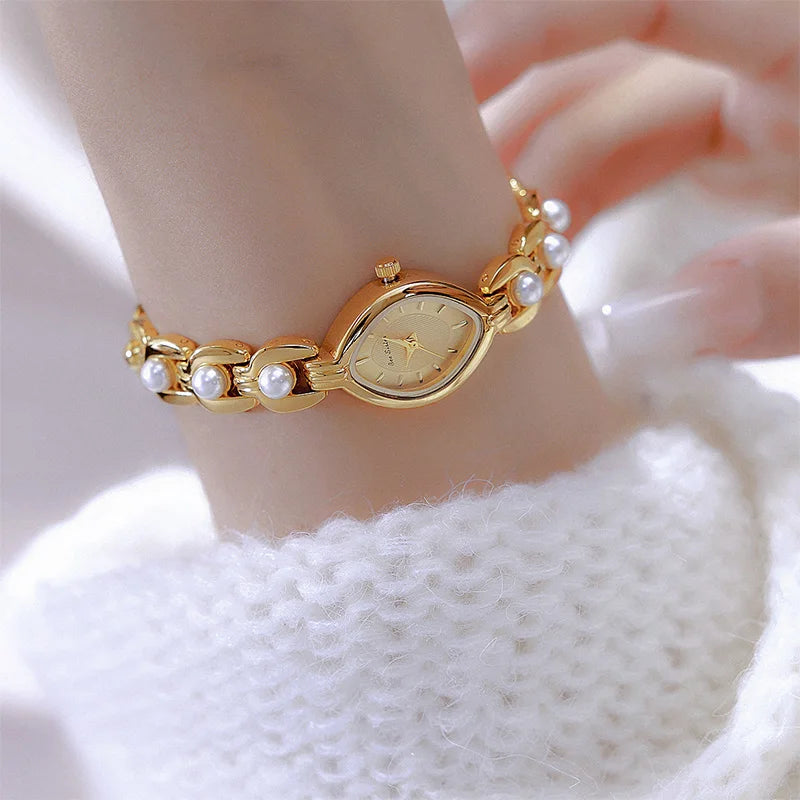Luxus Damen Uhr Armband Schmuck Mit Perlen Quarz Gold