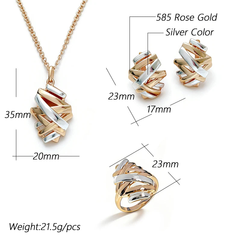 Schmuckset Kreuzlinien-Brautring Ohrringe Halskette Damen 585 Roségold Silber Farbmischung