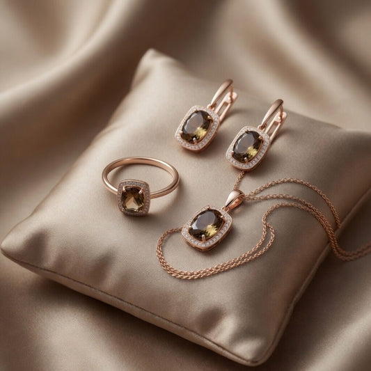 Schmuckset Braunes Oval Zirkon Rosegold Ohrringe Halskette Ring