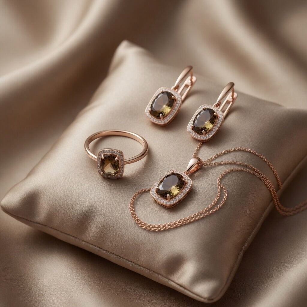 Schmuckset Braunes Oval Zirkon Roségold Ohrringe Halskette Ring